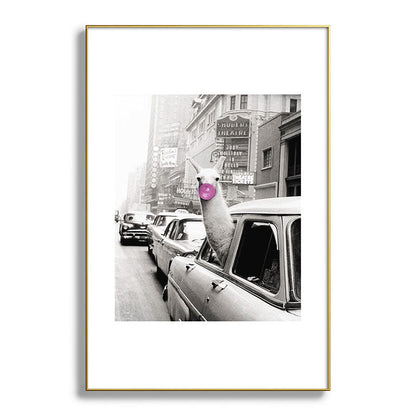 Perfect Pink Bubble Gum Llama taking a New York Taxi black and white photograph Framed Art Print Gallery Image 128