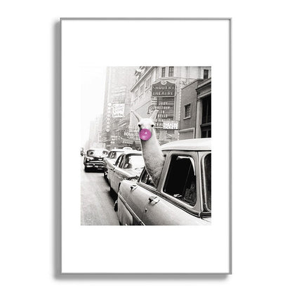 Perfect Pink Bubble Gum Llama taking a New York Taxi black and white photograph Framed Art Print Gallery Image 138