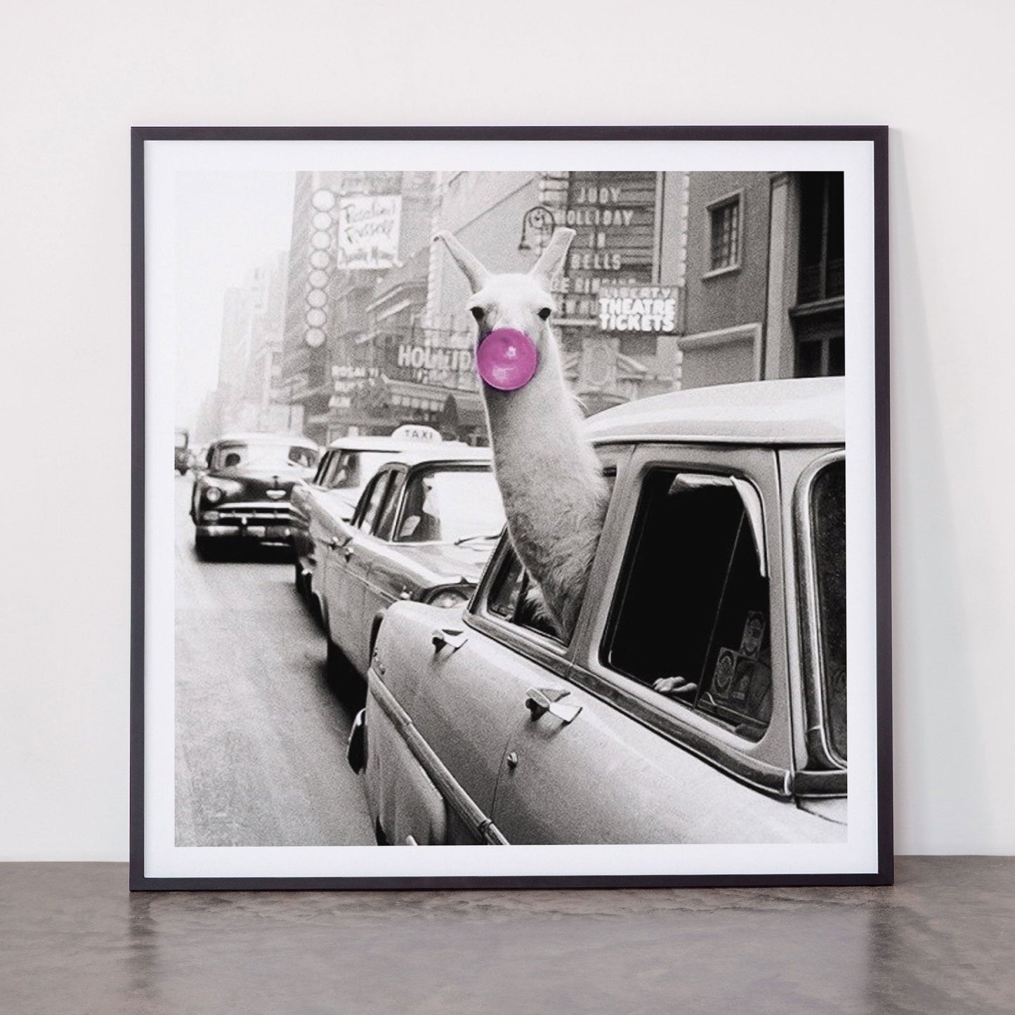 Perfect Pink Bubble Gum Llama taking a New York Taxi black and white photograph Framed Art Print Gallery Image 11