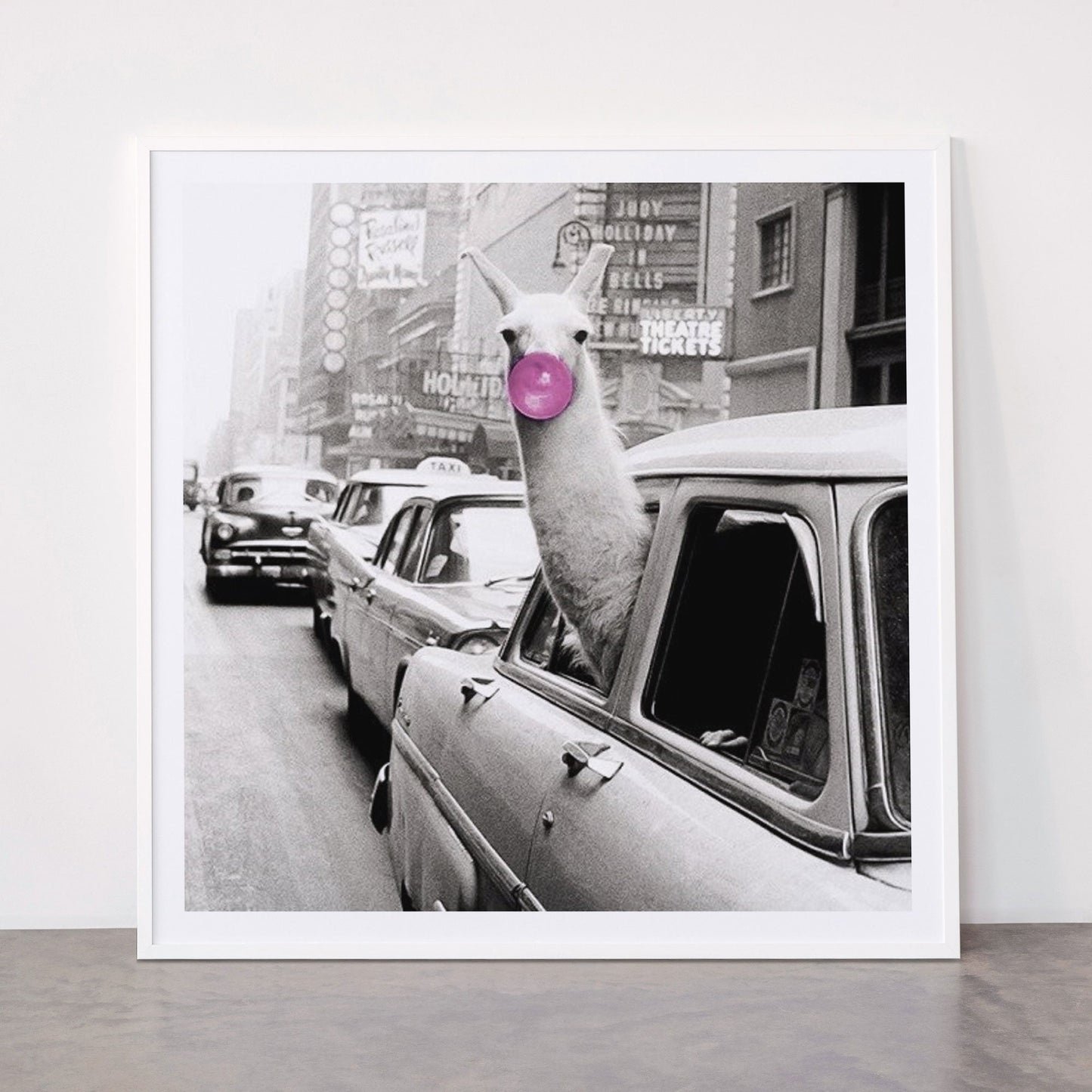 Perfect Pink Bubble Gum Llama taking a New York Taxi black and white photograph Framed Art Print Gallery Image 43