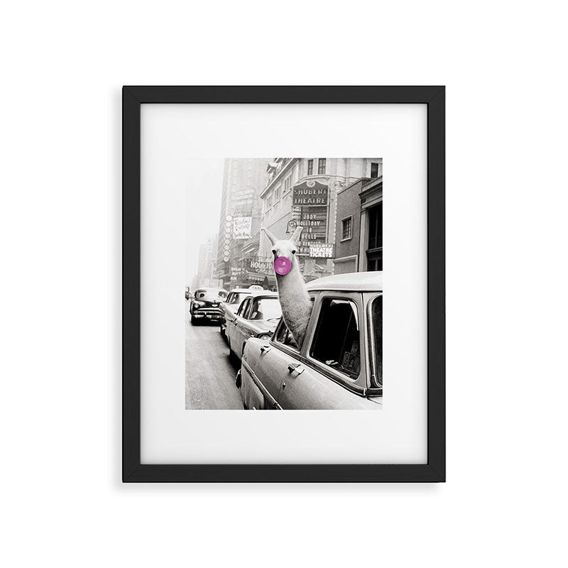 Perfect Pink Bubble Gum Llama taking a New York Taxi black and white photograph Framed Art Print Gallery Image 5