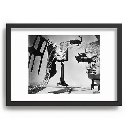 Dalí Atomicus, Salvador Dali painting with flying cats and water spurts surrealism / surrealist black and white photograph / photography by Philippe Halsman Framed Art Print Gallery Image 81