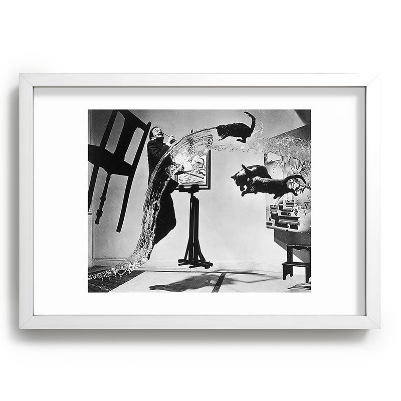 Dalí Atomicus, Salvador Dali painting with flying cats and water spurts surrealism / surrealist black and white photograph / photography by Philippe Halsman Framed Art Print Gallery Image 105