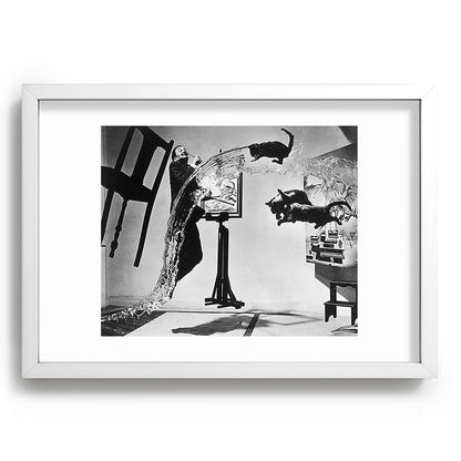 Dalí Atomicus, Salvador Dali painting with flying cats and water spurts surrealism / surrealist black and white photograph / photography by Philippe Halsman Framed Art Print Gallery Image 105