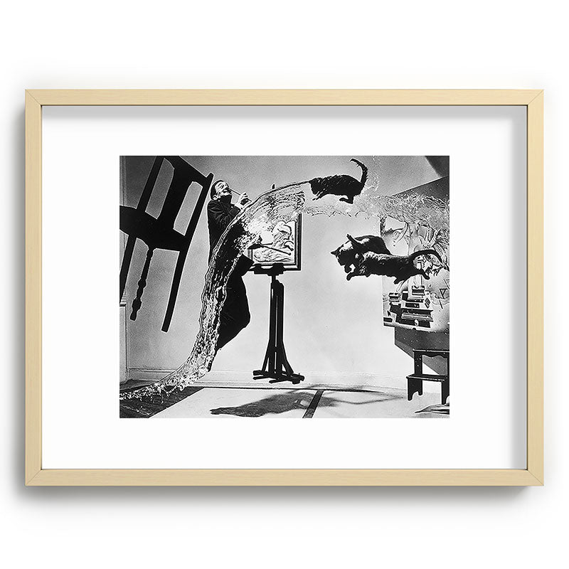 Dalí Atomicus, Salvador Dali painting with flying cats and water spurts surrealism / surrealist black and white photograph / photography by Philippe Halsman Framed Art Print Gallery Image 100