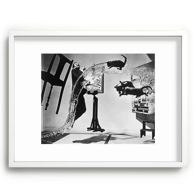 Dalí Atomicus, Salvador Dali painting with flying cats and water spurts surrealism / surrealist black and white photograph / photography by Philippe Halsman Framed Art Print Gallery Image 107