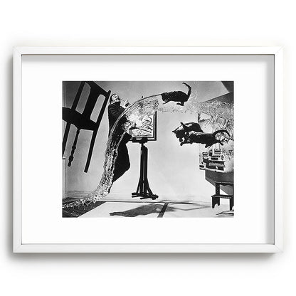 Dalí Atomicus, Salvador Dali painting with flying cats and water spurts surrealism / surrealist black and white photograph / photography by Philippe Halsman Framed Art Print Gallery Image 107