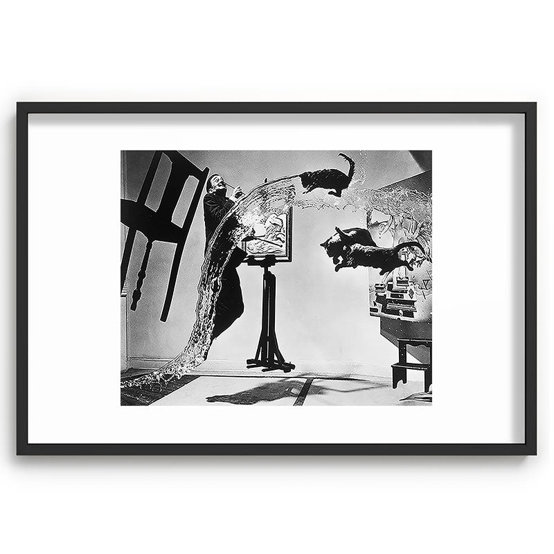 Dalí Atomicus, Salvador Dali painting with flying cats and water spurts surrealism / surrealist black and white photograph / photography by Philippe Halsman Framed Art Print Gallery Image 85