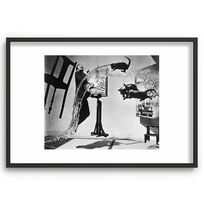 Dalí Atomicus, Salvador Dali painting with flying cats and water spurts surrealism / surrealist black and white photograph / photography by Philippe Halsman Framed Art Print Gallery Image 85
