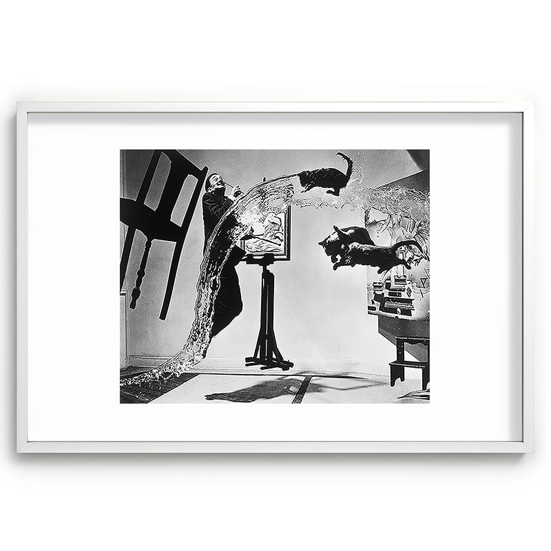 Dalí Atomicus, Salvador Dali painting with flying cats and water spurts surrealism / surrealist black and white photograph / photography by Philippe Halsman Framed Art Print Gallery Image 110