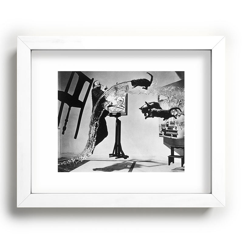 Dalí Atomicus, Salvador Dali painting with flying cats and water spurts surrealism / surrealist black and white photograph / photography by Philippe Halsman Framed Art Print Gallery Image 103
