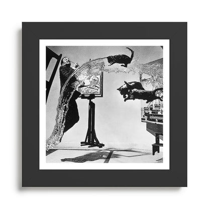 Dalí Atomicus, Salvador Dali painting with flying cats and water spurts surrealism / surrealist black and white photograph / photography by Philippe Halsman Framed Art Print Gallery Image 46