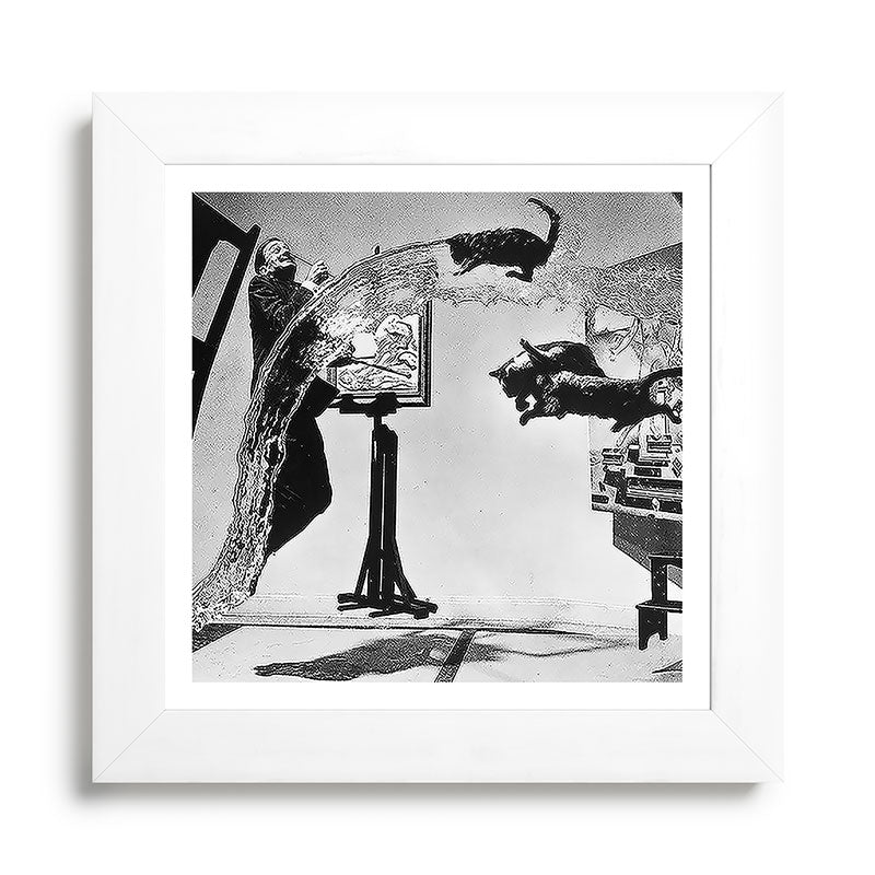 Dalí Atomicus, Salvador Dali painting with flying cats and water spurts surrealism / surrealist black and white photograph / photography by Philippe Halsman Framed Art Print Gallery Image 79