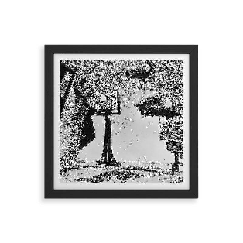Dalí Atomicus, Salvador Dali painting with flying cats and water spurts surrealism / surrealist black and white photograph / photography by Philippe Halsman Framed Art Print Gallery Image 50