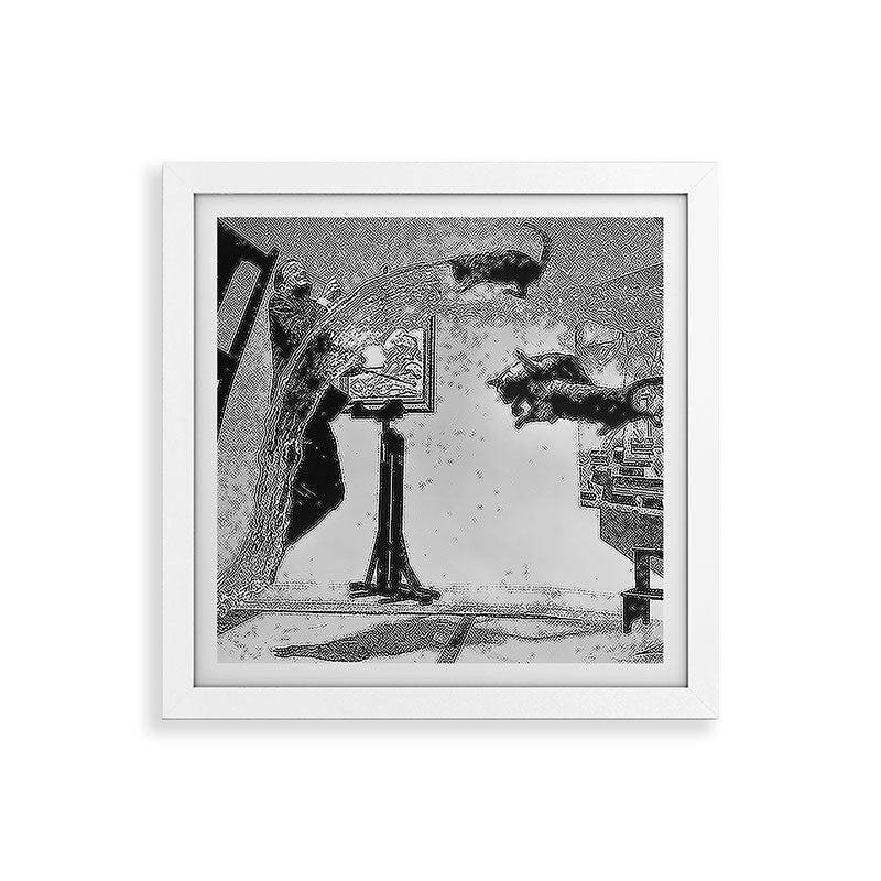Dalí Atomicus, Salvador Dali painting with flying cats and water spurts surrealism / surrealist black and white photograph / photography by Philippe Halsman Framed Art Print Gallery Image 82