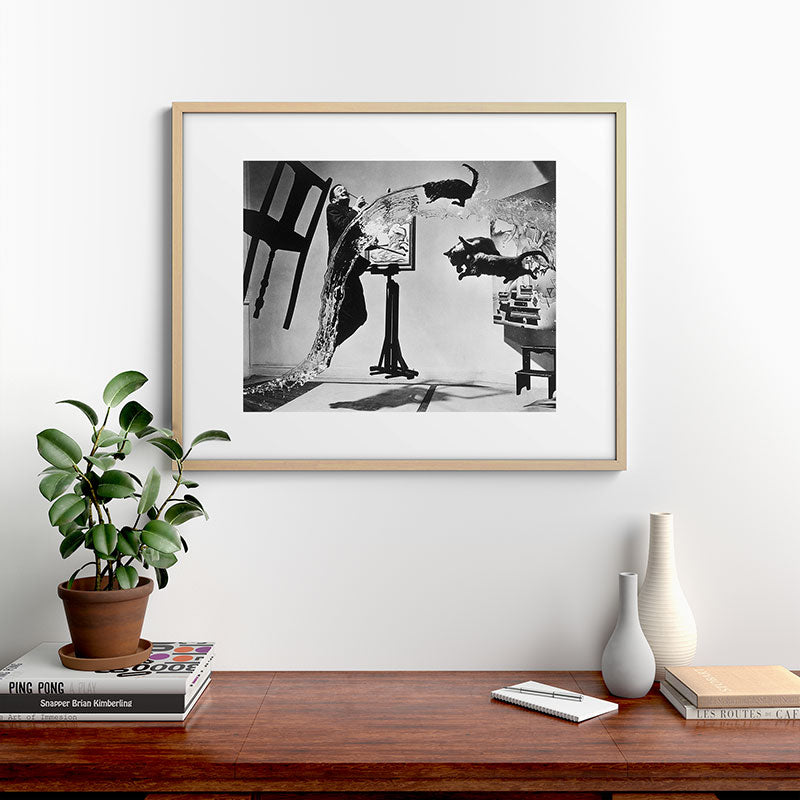 Dalí Atomicus, Salvador Dali painting with flying cats and water spurts surrealism / surrealist black and white photograph / photography by Philippe Halsman Framed Art Print Gallery Image 29