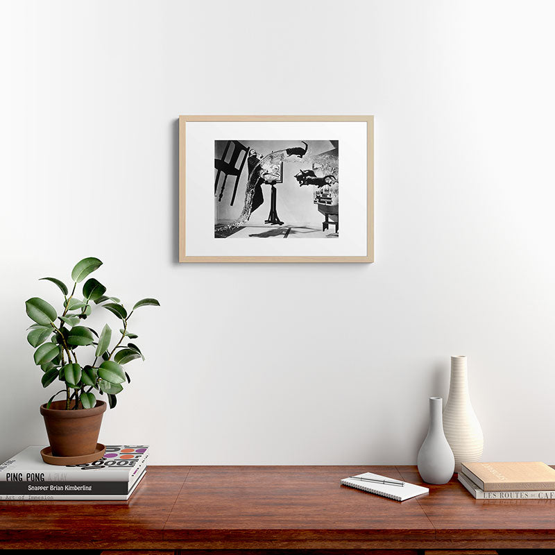 Dalí Atomicus, Salvador Dali painting with flying cats and water spurts surrealism / surrealist black and white photograph / photography by Philippe Halsman Framed Art Print Gallery Image 26