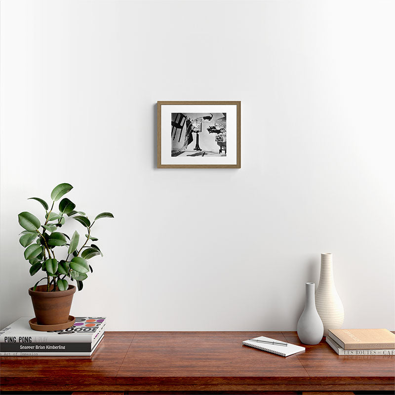 Dalí Atomicus, Salvador Dali painting with flying cats and water spurts surrealism / surrealist black and white photograph / photography by Philippe Halsman Framed Art Print Gallery Image 12