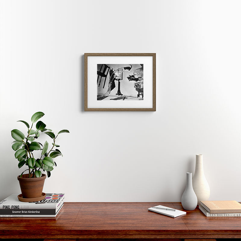 Dalí Atomicus, Salvador Dali painting with flying cats and water spurts surrealism / surrealist black and white photograph / photography by Philippe Halsman Framed Art Print Gallery Image 15