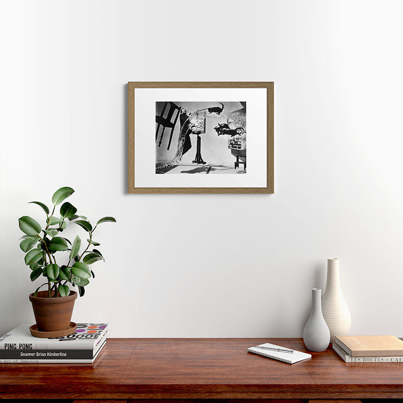 Dalí Atomicus, Salvador Dali painting with flying cats and water spurts surrealism / surrealist black and white photograph / photography by Philippe Halsman Framed Art Print Gallery Image 54
