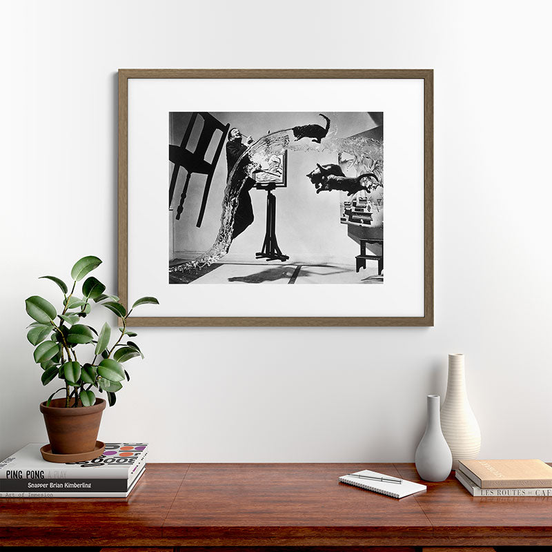 Dalí Atomicus, Salvador Dali painting with flying cats and water spurts surrealism / surrealist black and white photograph / photography by Philippe Halsman Framed Art Print Gallery Image 58