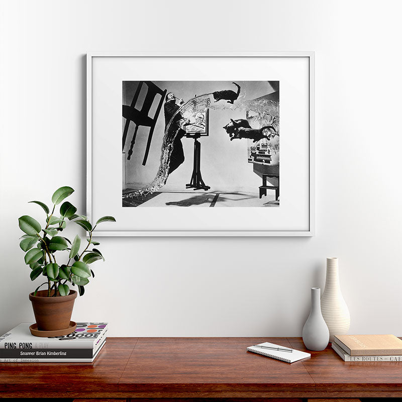 Dalí Atomicus, Salvador Dali painting with flying cats and water spurts surrealism / surrealist black and white photograph / photography by Philippe Halsman Framed Art Print Gallery Image 39