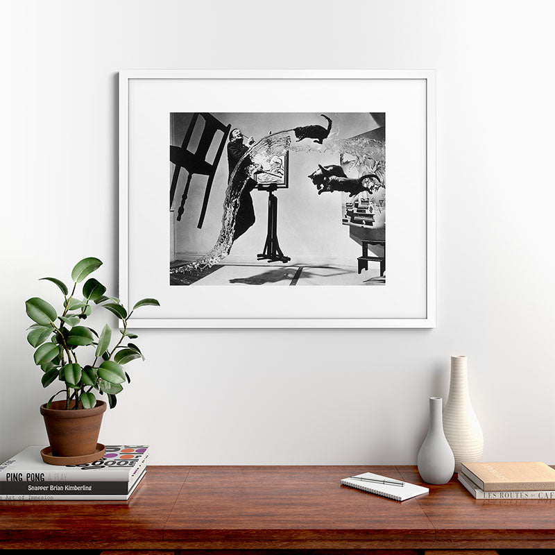 Dalí Atomicus, Salvador Dali painting with flying cats and water spurts surrealism / surrealist black and white photograph / photography by Philippe Halsman Framed Art Print Gallery Image 76