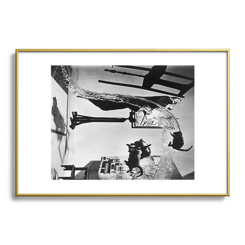 Dalí Atomicus, Salvador Dali painting with flying cats and water spurts surrealism / surrealist black and white photograph / photography by Philippe Halsman Framed Art Print Gallery Image 123
