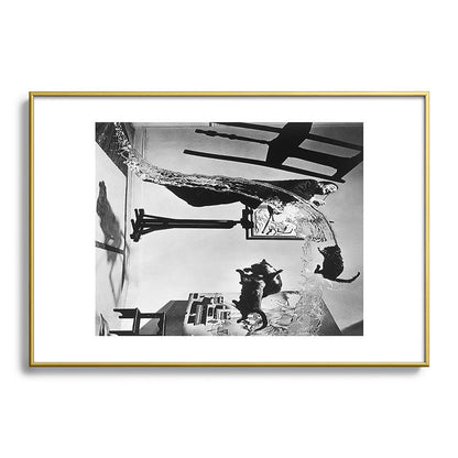 Dalí Atomicus, Salvador Dali painting with flying cats and water spurts surrealism / surrealist black and white photograph / photography by Philippe Halsman Framed Art Print Gallery Image 123