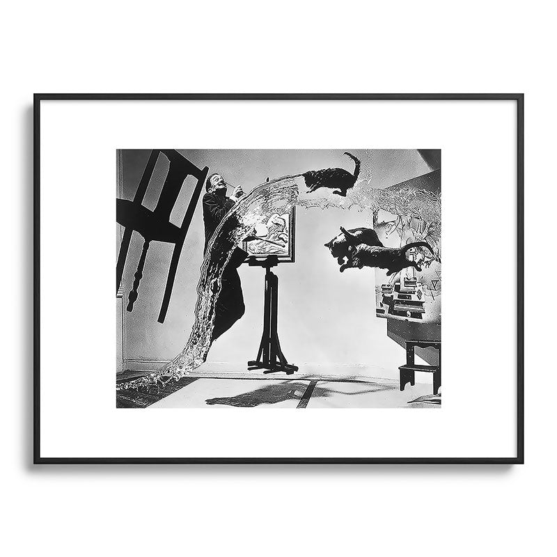 Dalí Atomicus, Salvador Dali painting with flying cats and water spurts surrealism / surrealist black and white photograph / photography by Philippe Halsman Framed Art Print Gallery Image 116
