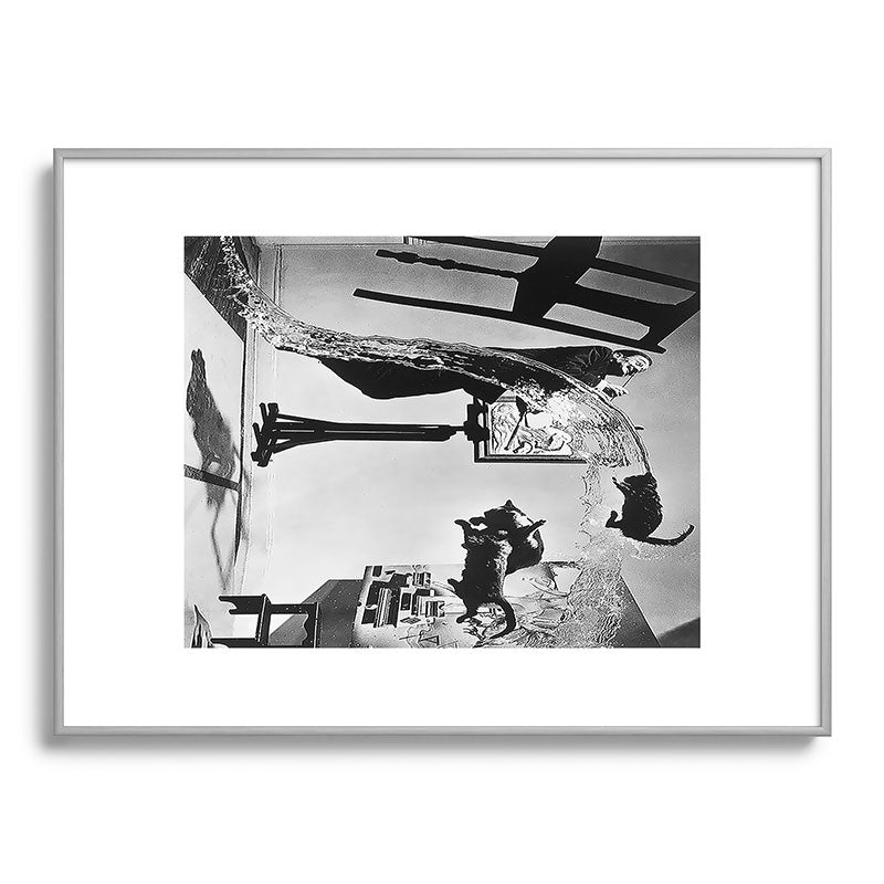 Dalí Atomicus, Salvador Dali painting with flying cats and water spurts surrealism / surrealist black and white photograph / photography by Philippe Halsman Framed Art Print Gallery Image 134