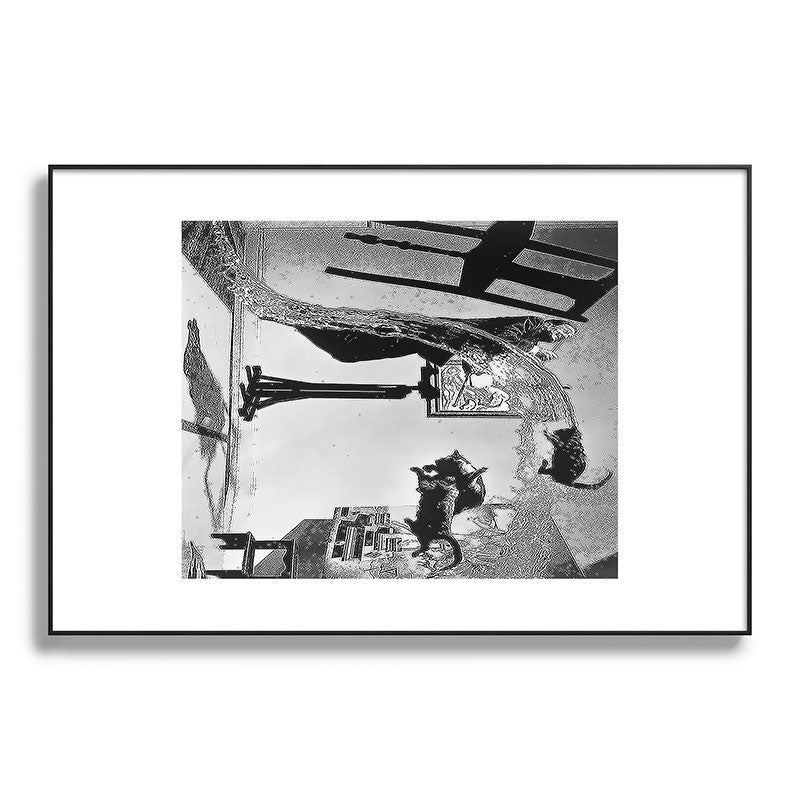 Dalí Atomicus, Salvador Dali painting with flying cats and water spurts surrealism / surrealist black and white photograph / photography by Philippe Halsman Framed Art Print Gallery Image 119