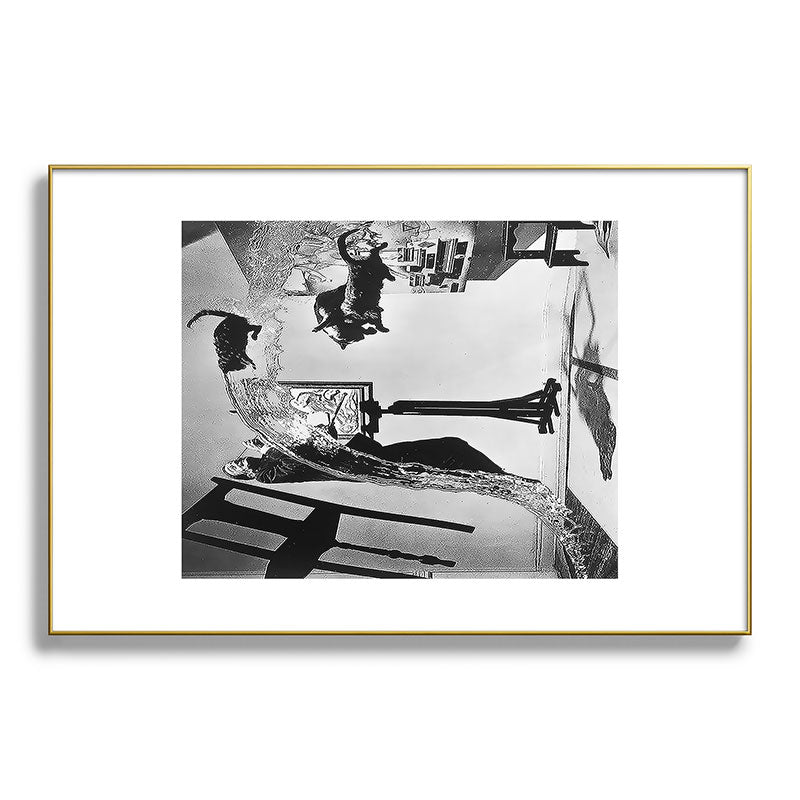 Dalí Atomicus, Salvador Dali painting with flying cats and water spurts surrealism / surrealist black and white photograph / photography by Philippe Halsman Framed Art Print Gallery Image 128