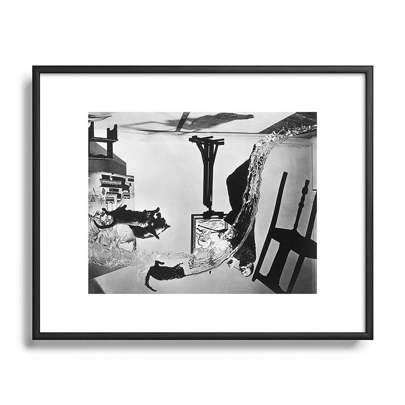 Dalí Atomicus, Salvador Dali painting with flying cats and water spurts surrealism / surrealist black and white photograph / photography by Philippe Halsman Framed Art Print Gallery Image 111