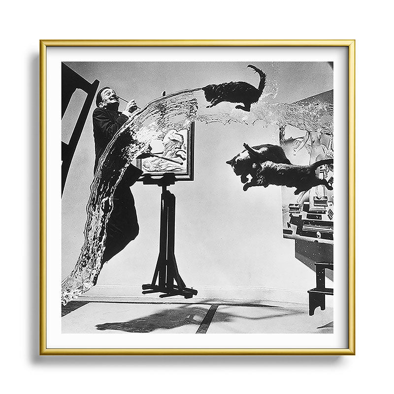Dalí Atomicus, Salvador Dali painting with flying cats and water spurts surrealism / surrealist black and white photograph / photography by Philippe Halsman Framed Art Print Gallery Image 133