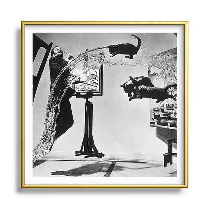 Dalí Atomicus, Salvador Dali painting with flying cats and water spurts surrealism / surrealist black and white photograph / photography by Philippe Halsman Framed Art Print Gallery Image 133
