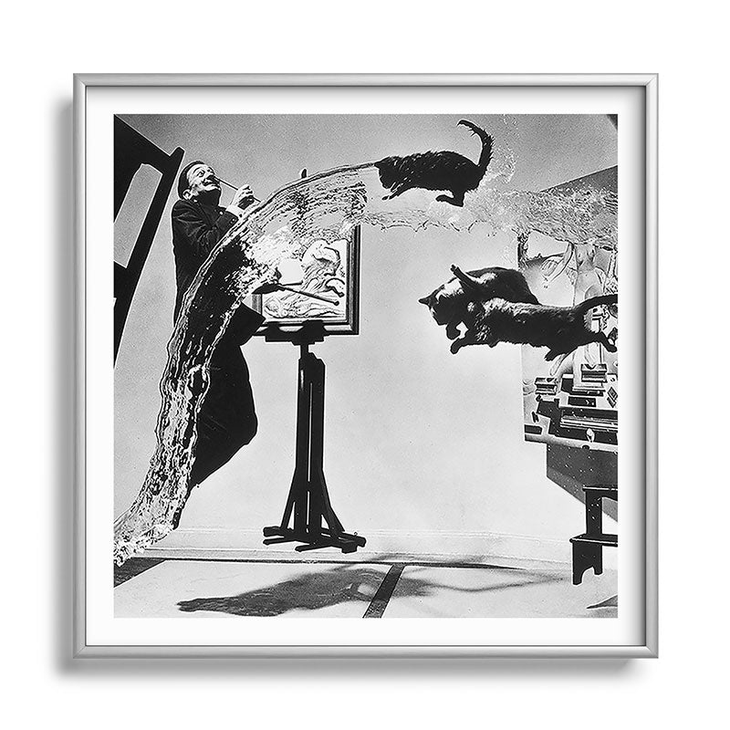 Dalí Atomicus, Salvador Dali painting with flying cats and water spurts surrealism / surrealist black and white photograph / photography by Philippe Halsman Framed Art Print Gallery Image 140