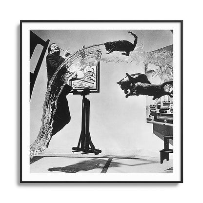 Dalí Atomicus, Salvador Dali painting with flying cats and water spurts surrealism / surrealist black and white photograph / photography by Philippe Halsman Framed Art Print Gallery Image 126