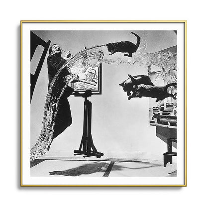 Dalí Atomicus, Salvador Dali painting with flying cats and water spurts surrealism / surrealist black and white photograph / photography by Philippe Halsman Framed Art Print Gallery Image 136