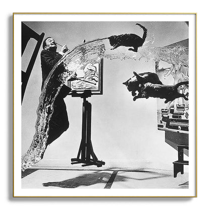 Dalí Atomicus, Salvador Dali painting with flying cats and water spurts surrealism / surrealist black and white photograph / photography by Philippe Halsman Framed Art Print Gallery Image 139