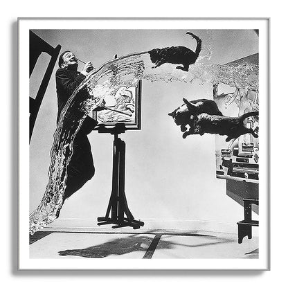 Dalí Atomicus, Salvador Dali painting with flying cats and water spurts surrealism / surrealist black and white photograph / photography by Philippe Halsman Framed Art Print Gallery Image 142