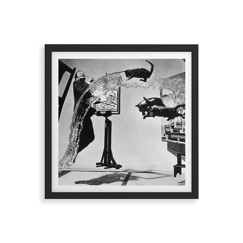 Dalí Atomicus, Salvador Dali painting with flying cats and water spurts surrealism / surrealist black and white photograph / photography by Philippe Halsman Framed Art Print Gallery Image 7