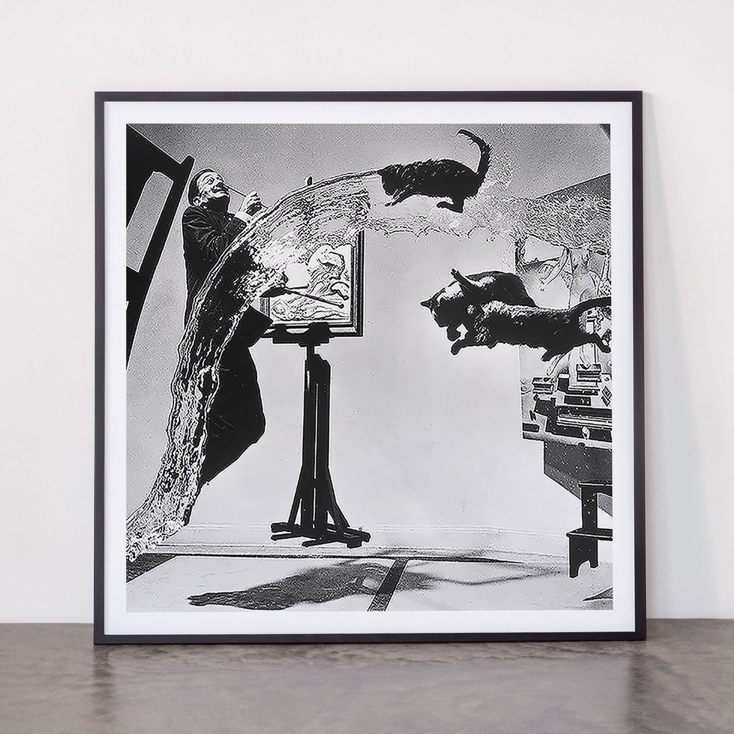 Dalí Atomicus, Salvador Dali painting with flying cats and water spurts surrealism / surrealist black and white photograph / photography by Philippe Halsman Framed Art Print Gallery Image 11