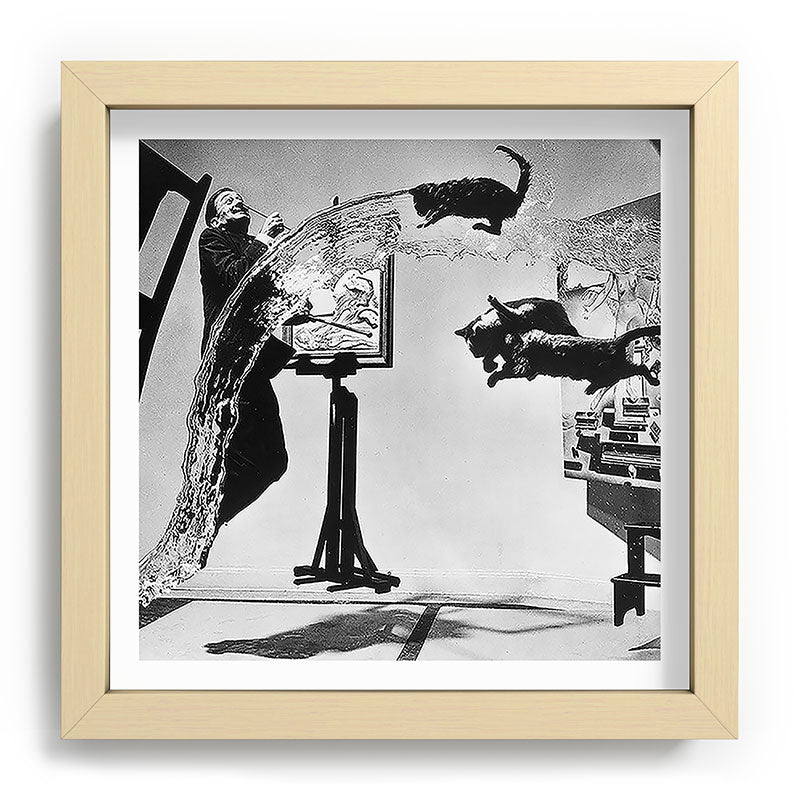 Dalí Atomicus, Salvador Dali painting with flying cats and water spurts surrealism / surrealist black and white photograph / photography by Philippe Halsman Framed Art Print Gallery Image 106