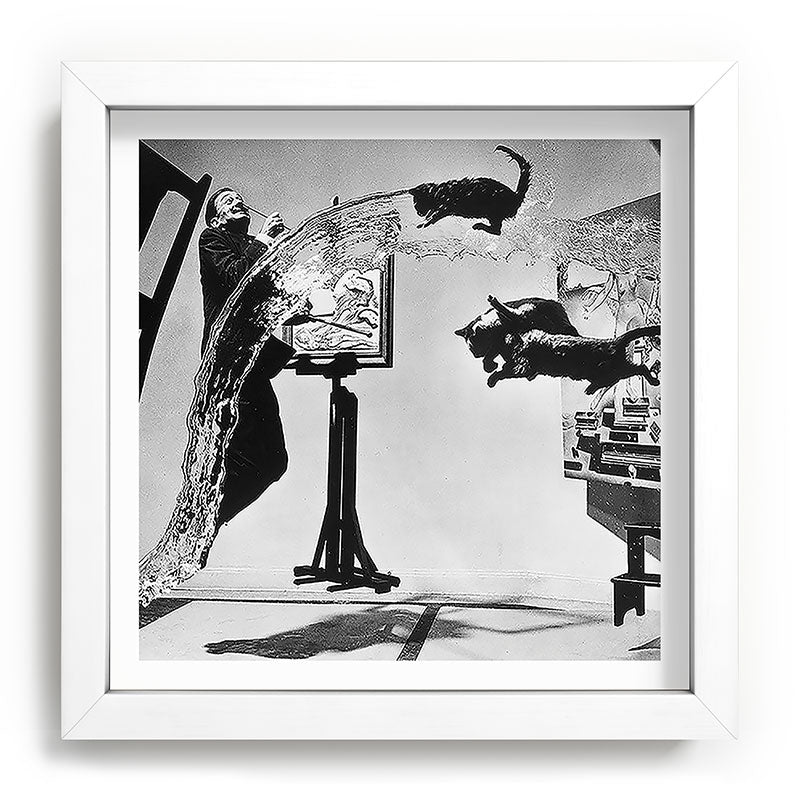 Dalí Atomicus, Salvador Dali painting with flying cats and water spurts surrealism / surrealist black and white photograph / photography by Philippe Halsman Framed Art Print Gallery Image 114