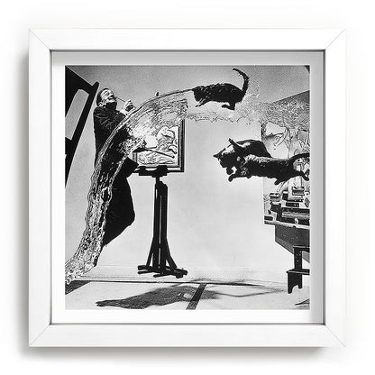 Dalí Atomicus, Salvador Dali painting with flying cats and water spurts surrealism / surrealist black and white photograph / photography by Philippe Halsman Framed Art Print Gallery Image 114