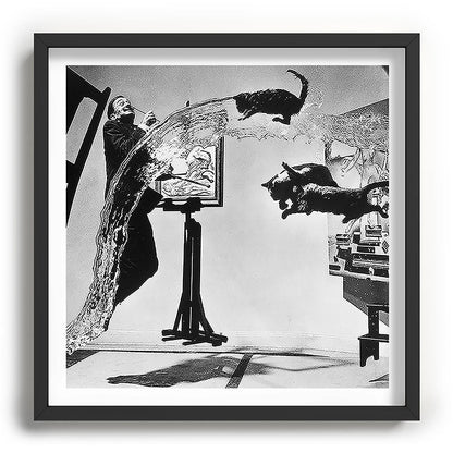 Dalí Atomicus, Salvador Dali painting with flying cats and water spurts surrealism / surrealist black and white photograph / photography by Philippe Halsman Framed Art Print Gallery Image 93