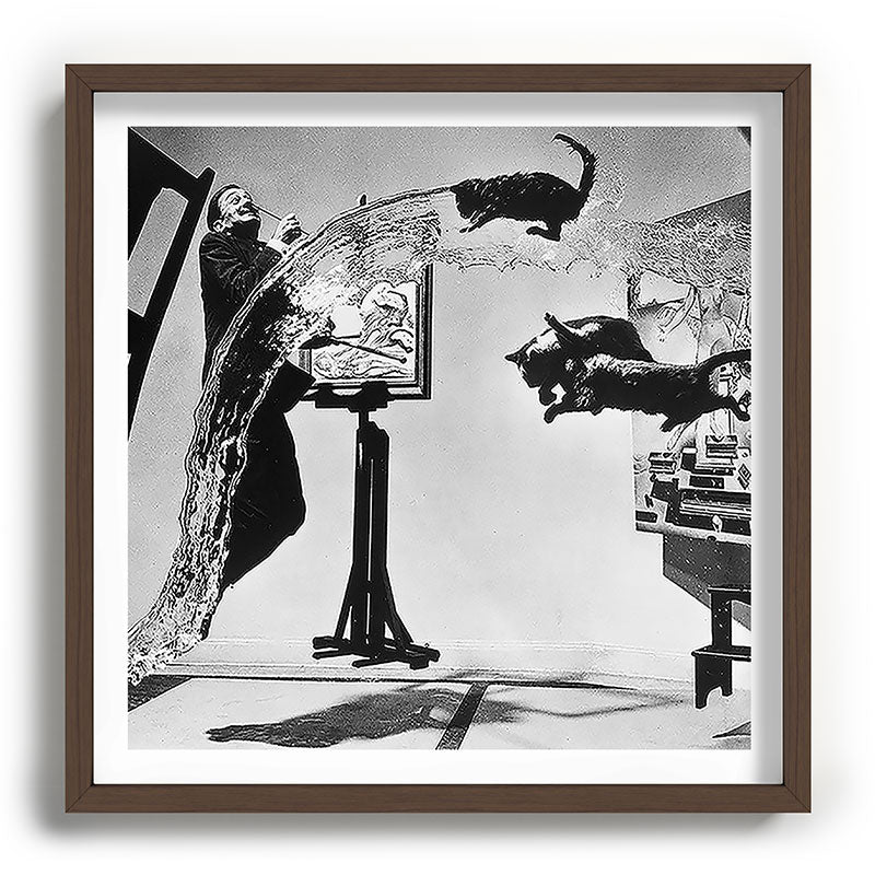 Dalí Atomicus, Salvador Dali painting with flying cats and water spurts surrealism / surrealist black and white photograph / photography by Philippe Halsman Framed Art Print Gallery Image 101