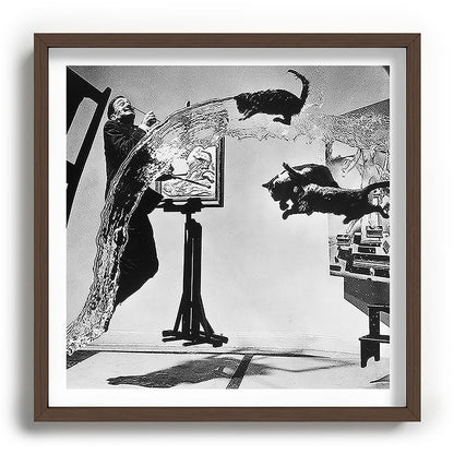 Dalí Atomicus, Salvador Dali painting with flying cats and water spurts surrealism / surrealist black and white photograph / photography by Philippe Halsman Framed Art Print Gallery Image 101