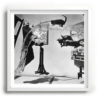 Dalí Atomicus, Salvador Dali painting with flying cats and water spurts surrealism / surrealist black and white photograph / photography by Philippe Halsman Framed Art Print Gallery Image 118